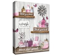 Lmovutcom Cuadro en lienzo sin marco en rosa para baño, impresión en lienzo con cita motivacional Wash Your Worries Away, imagen de jarrón con algodón y mariposas para hogar, pasillo y baño