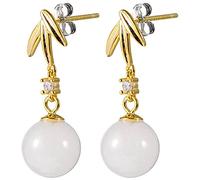LMRJHAZ boucles d'oreilles Dames, Boucle D'Oreille S925 Argent Sterling Style Palais Rétro Feuille de Bambou Diamant Calcédoine Blanche Boule Ronde Femme Boucles D'Oreilles Simplesboucle