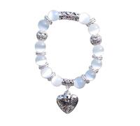 LMRJHAZ Braceletas de Cuentas de Joyas de Encanto, Brazalete de Piedra de Ojo de Gato Blanco Natural, Brazalete de Cuentas, brazaletes de Colgante de Campana del corazón, Pulsera de Cristal elástica