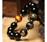 LMRJHAZ Brazalete de Piedra Natural Negro de Las Mujeres, fantasía Retro, Cabra zodíaca patrón Saint Pulsera con Cuentas de 12 mm Cuentas Redondas.