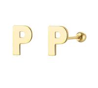 LMRJHAZM 18G Pendientes iniciales de tachuelas para mujeres 925 plata esterlina 14k oro chapado hipoalergénico lindo alfabeto pequeño cartílago trago de 3 mm bola atornillada perforación sensible
