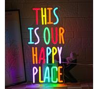 LMSIGNLY Este es nuestro lugar feliz letrero de neón para decoración de pared, letras coloridas, luz de neón, palabras motivativas, luz de neón LED para aula, sala de estar, decoración de inauguración