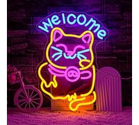 LMSIGNLY Letrero de neón de gato de la suerte para decoración de pared, letrero de bienvenida de neón lindo gato de la fortuna gatito LED letrero iluminado para negocios restaurantes tiendas