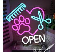 LMSIGNLY Pet Shop - Letrero de neón abierto con forma de pata para decoración de pared, regulable, colorido, salón de aseo de mascotas, letrero LED abierto para tienda de mascotas, hospital, salón de