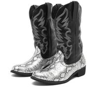 LMUIPMAA Botas Vaqueras Occidentales para Hombre, Botas de Piel de Serpiente hasta la Mitad de la Pantorrilla, Punta Puntiaguda, tacón Grueso Bordado,Plata,42 EU