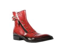 LMUIPMAA Botín de Tobillo para Hombre con Cremallera Punta Puntiaguda Botas de Montar para Motocicleta Hebilla Remache Brogue Botines,Rojo,42 EU