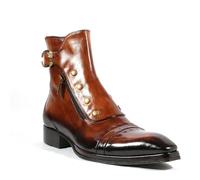 LMUIPMAA Botín de Tobillo para Hombre con Cremallera Punta Puntiaguda Botas de Montar para Motocicleta Hebilla Remache Brogue Botines,Marrón,39 EU