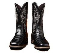 LMUIPMAA Botines De Vaquero para Hombres con Estampado De Cocodrilo Sintético, Punta Cuadrada Botas Western Bordadas Y De Trabajo De Poner,Negro,46 EU