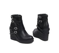 LMUIPMAA Mujer Tacón Cuña Invierno Botines con Cremallera,Black PU Leather,38 EU