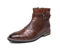 LMUIPMAA Vestido de Cuero con Cremallera para Hombre Estampado de cocodrilo Bukle Strap Botas de Monje Altas,Marrón,44 EU