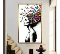 LMYCHENG Boceto monocromático de una mujer transformándose en un vívido vuelo de mariposa. Pósters e impresiones. Decoración del hogar (55 x 100 cm/Marco interior).