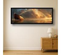 LMYCHENG Cuadro de barco con arcoíris al atardecer, imágenes panorámicas de cielo dorado para pared, lienzo impreso para sala de estar y dormitorio (65x195cm/marco interno).