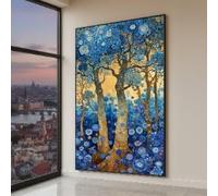 LMYCHENG Cuadro decorativo de Gustav Klimt con flores azules, pintura abstracta de árboles y naturaleza, decoración para el hogar, obra de arte en azul y dorado (50x90cm/marco interno).