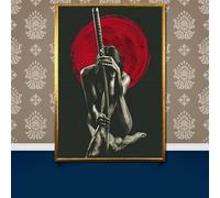 LMYCHENG Cuadro en lienzo de mujer samurái: pósteres e impresiones de guerreros japoneses audaces, arte mural de sol rojo para decoración moderna del hogar (60 x 90 cm/marco interior)