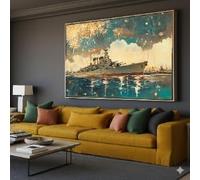 LMYCHENG Lienzo de acorazado vintage, pintura de fuegos artificiales, decoración náutica militar, ilustración de barco histórico, lienzo azul marino (21 x 30 cm/marco interior)