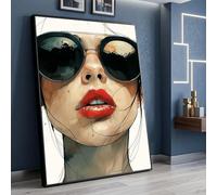 LMYCHENG Lienzos con retratos de labios rojos, pintura al óleo con gafas de sol, ilustración de rostro femenino, para decoración de pared de sala de estar (20x30cm/marco interno)