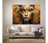 LMYCHENG Pintura al óleo abstracta sobre lienzo con rostro de plumas doradas, pósteres y láminas de retratos de ojos azules, arte mural femenino moderno (60x80cm/marco interno)