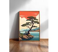 LMYCHENG Pósteres Ukiyo-e de bonsáis, pintura al óleo minimalista sobre lienzo, mural de cielo rojo, arte mural japonés vintage (80x120cm/sin marco)
