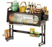 LMYFGHRD Escurridor grande para platos sobre el fregadero con bandeja de goteo, estante de metal de altura ajustable con soporte para cubiertos y puerta con solapa a prueba de polvo (negro, 67 x 30 x