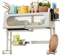 LMYFGHRD Escurridor grande para platos sobre el fregadero con bandeja de goteo, estante de metal de altura ajustable con soporte para cubiertos y puerta con solapa a prueba de polvo (blanco, 87 x 30 x
