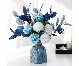 LNGODEHO Flores artificiales con florero, arreglos florales sintéticos para decoración de mesa, centros de mesa para comedor, color azul marino