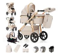 Lnhcrbs Carrito Bebe 3 En 1, Silla De Paseo Reversible, Sillas De Paseo - Asa Ajustable, 0-4 Años, Le Châssis De La Poussette Est En Aluminium, Ce Qui Le Rend Plus Léger Et Plus Maniable, 22 Kg,Beige