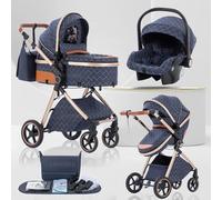 Lnhcrbs Cochecito Bebe 3 Piezas con portabebés, Sistema de Viaje's portabebés es Plegable,Carrito de Bebé Mang es Ajustable, las Ruedas son de Material PU,para 0-3 Años,Azul