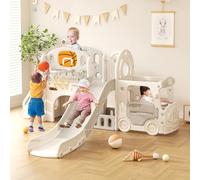 Lnhcrbs Tobogán,Toboganes Infantiles con Escalera para Trepar, Canasta de Baloncesto, Locomotora, Prismáticos, Trompeta, el Tobogán es Apto Tanto para Exterior como para Interior, a Partir De 1 Año