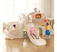Lnhcrbs Tobogán,Toboganes Infantiles con Escalera para Trepar, Canasta de Baloncesto, Locomotora, Prismáticos, Trompeta, el Tobogán es Apto Tanto para Exterior como para Interior, a Partir De 1 Año