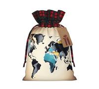 LNNIUK Bolsa de regalo de Navidad reutilizable con estampado de mapa del mundo con cordón, bolsas de dulces de Navidad para envolver regalos de caramelos