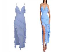 LNNLOO Vestido de Fiesta de graduación con Tirantes y Cuello en V Irregular,Vestidos con Abertura Alta y Volantes Halter sin Espalda para Mujer (Small,Blue)