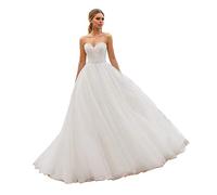 LNNLSS Vestido de Novia de Tul Largo de la Princesa Retro sin Tirantes para Hombros Elegante para Mujeres, Blanco, 38