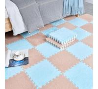LNNNW Plush Piezas Puzzle Baldosas de espuma suave con bordes, tapetes de rompecabezas de felpa entrelazados, alfombra de espuma de retales sin costuras for decoración del hogar, 12 Uds.(Blue+Camel)