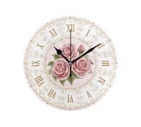 LNNSHX Reloj para Sala de Estar Reloj de Pared Redondo con Estampado de Flores de Rosas Vintage Funciona con Pilas Reloj de Pared silencioso sin tictac Reloj de Escritorio silencioso para decoración
