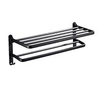 LNNSHX Toallero montado en la Pared, Barra para Toallas de baño Negra clásica de Doble Capa con Ganchos, Soporte para Estante de Toalla de Aluminio con Espacio Plegable de 90 60 cm (60 cm)