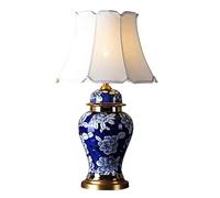 LNNSNE Blue and White Ceramic Brass Base Bedside Nightstand Lamp with Fabric Shade Bedroom Table Lamps for Living Room (Color : Remote Control Switch, Si