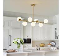 LNNSNE Gold Mid Century Linear Pendant Fixture 7-Lights Globe with Milk Glass Sputnik Kitchen Island Light, Chandelier