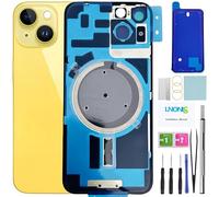 LNONLS 14 Reemplazo de vidrio trasero para iPhone 14 Funda trasera de vidrio con marco impermeable y lente de cámara + Kit profesional de herramientas de reparación (Amarillo)