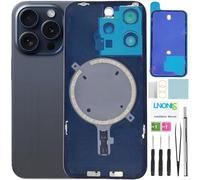 LNONLS 15 Pro - Cristal trasero de repuesto para iPhone 15 Pro con logotipo impermeable y lente de cámara + kit de herramientas de reparación profesional (titanio azul)