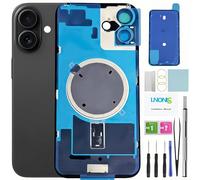 LNONLS 16 Plus - Cristal trasero de repuesto para iPhone 16 Plus, cubierta trasera de cristal impermeable y lente de cámara + kit de herramientas de reparación profesional (negro)