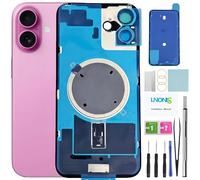 LNONLS 16 Plus - Cristal trasero de repuesto para iPhone 16 Plus, cubierta trasera de vidrio impermeable y lente de cámara + kit de herramientas de reparación profesional (rosa)