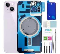 LNONLS Cristal trasero de repuesto para iPhone 14 con marco impermeable y lente de cámara + kit de herramientas de reparación profesional (morado)