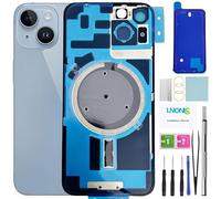 LNONLS Cristal trasero de repuesto para iPhone 14 con marco impermeable y lente de cámara + kit de herramientas de reparación profesional (azul)