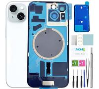 LNONLS Cristal trasero de repuesto para iPhone 15, cubierta trasera impermeable y lente de cámara + kit de herramientas de reparación profesional (azul)
