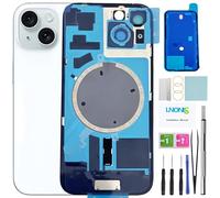 LNONLS Cristal trasero de repuesto para iPhone 15, cubierta trasera impermeable y lente de cámara + kit de herramientas de reparación profesional (azul)