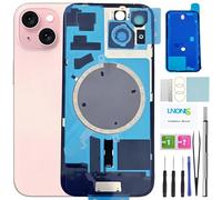 LNONLS Cristal trasero de repuesto para iPhone 15, cubierta trasera impermeable y lente de cámara + kit de herramientas de reparación profesional (rosa)