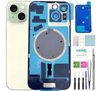 LNONLS Cristal trasero de repuesto para iPhone 15, cubierta trasera impermeable y lente de cámara + kit de herramientas de reparación profesional (verde)