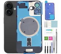 LNONLS Cristal Trasero de Repuesto para iPhone 16 con Marco Impermeable y Lente de cámara + Kit de Herramientas de reparación Profesional (Negro)