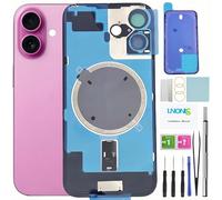 LNONLS Cristal Trasero de Repuesto para iPhone 16 con Marco Impermeable y Lente de cámara + Kit de Herramientas de reparación Profesional (Rosa)