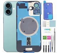 LNONLS Cristal trasero de repuesto para iPhone 16 con marco impermeable y lente de cámara + kit de herramientas de reparación profesional (verde azulado)